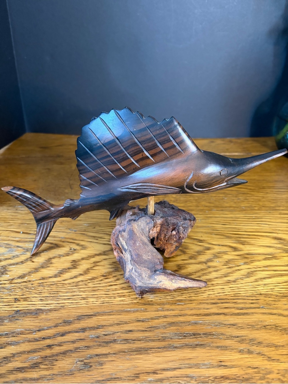 Vintage 1960s Ironwood Sailfish Marlin Sculpture on Natural Burl Wood Base
